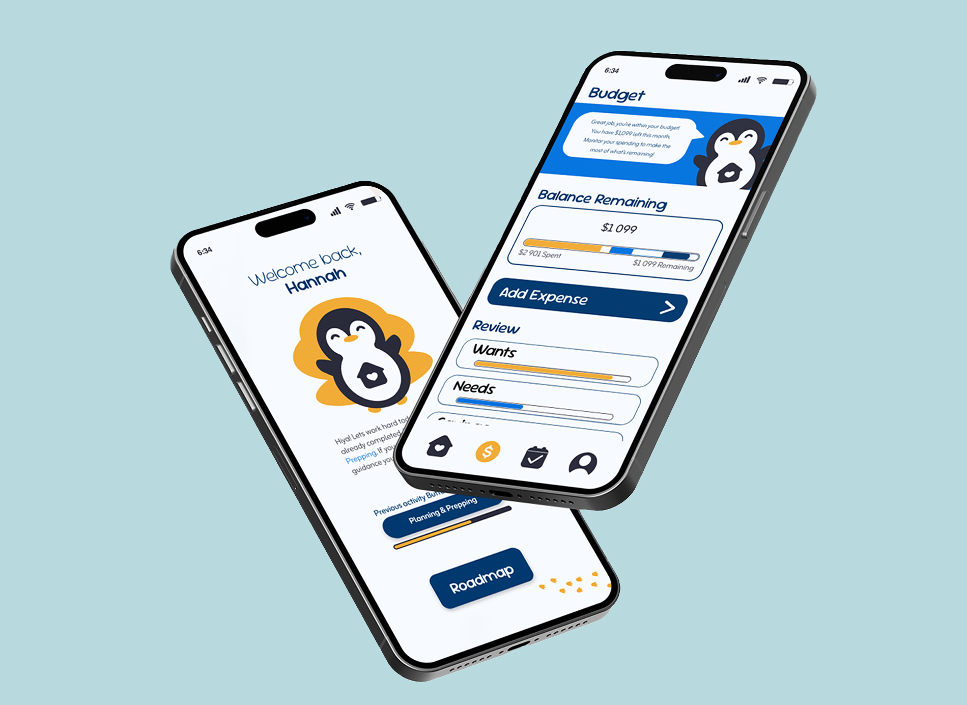 Two angled smartphone mockups displaying a mobile app interface with a penguin mascot, showing a welcome screen and budget tracking features.