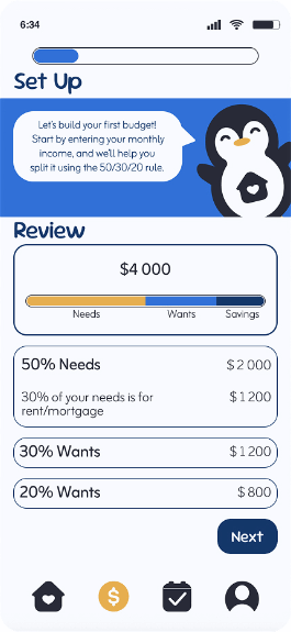 Packguin app showing the process of creating a budget and viewing budgeting information.