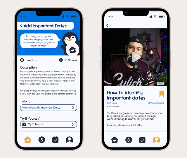 Two smartphone screens showing Packguin app UI for adding important moving dates, including task details, tutorial content, and a video guide.