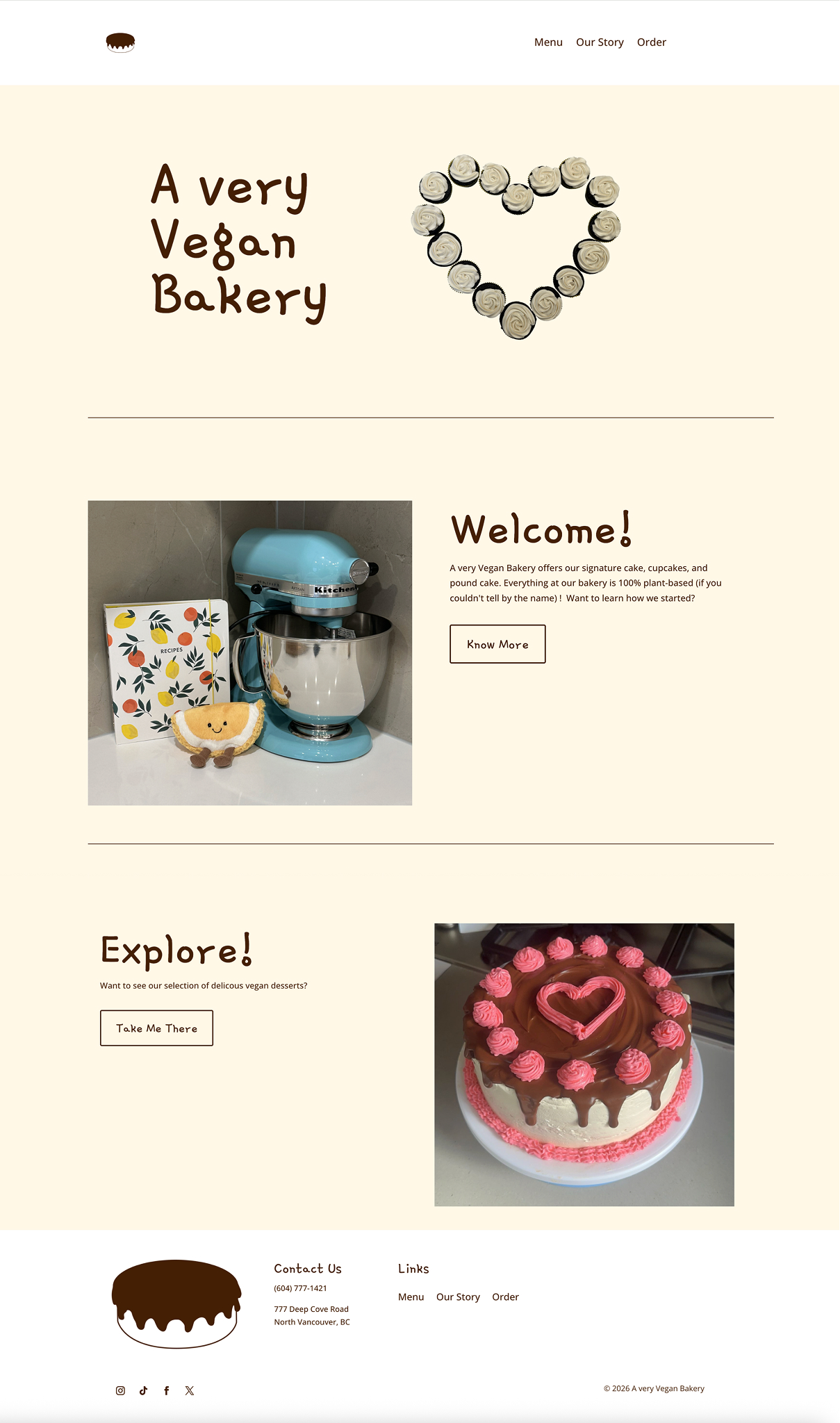 Homepage design for A Very Vegan Bakery featuring a hero title, heart-shaped cupcake arrangement, welcome section with baking imagery, and a featured vegan cake with navigation and footer.