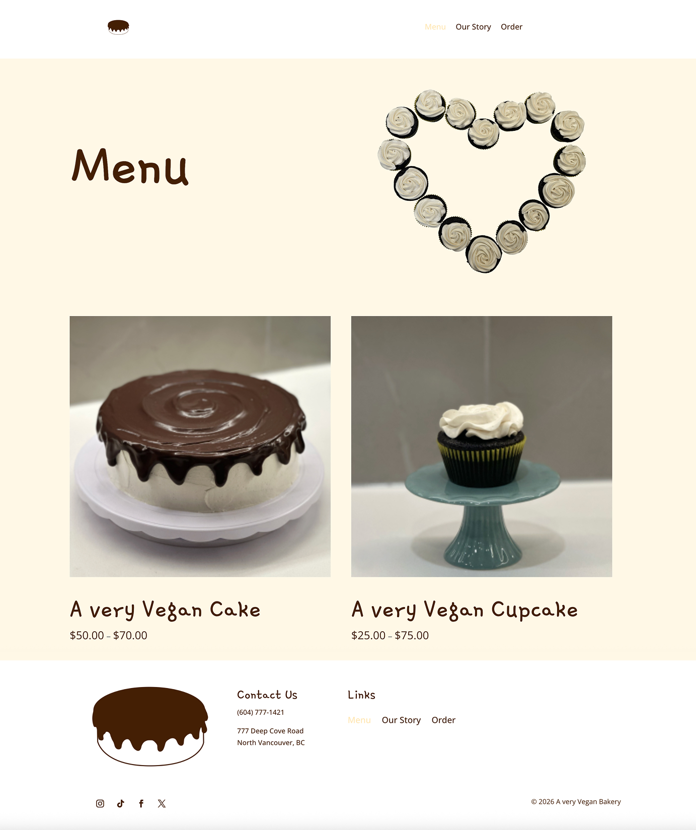 Menu page design for A Very Vegan Bakery featuring a hero section, two menu items with images, names and prices, and a footer.