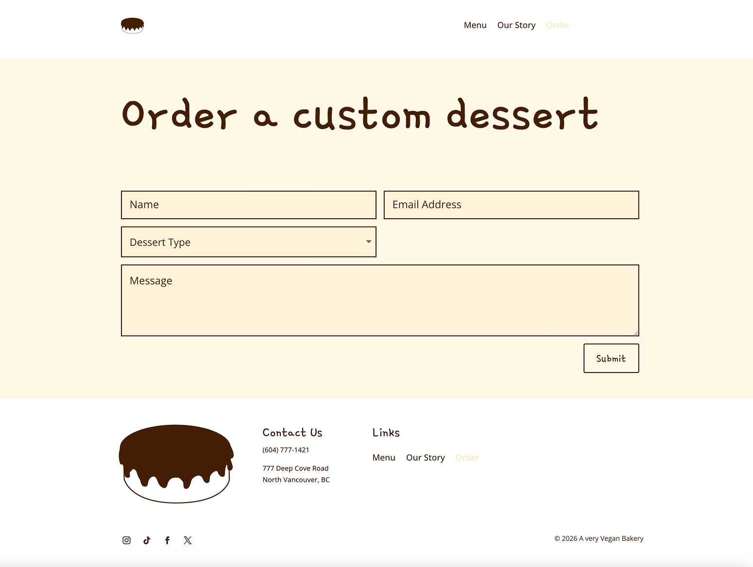 Order page for A Very Vegan Bakery featuring a contact form with fields for name, email, dessert type, and message.