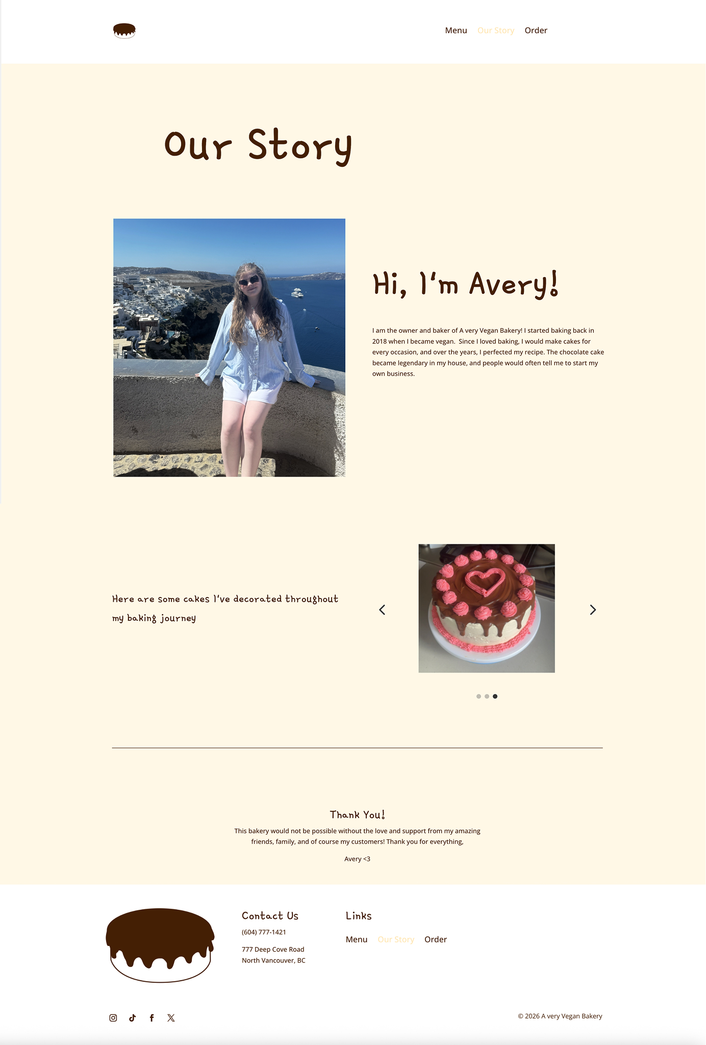 Our Story page for A Very Vegan Bakery featuring an introduction to the owner, a personal photo, a short brand story, a cake image carousel, and a thank you message.