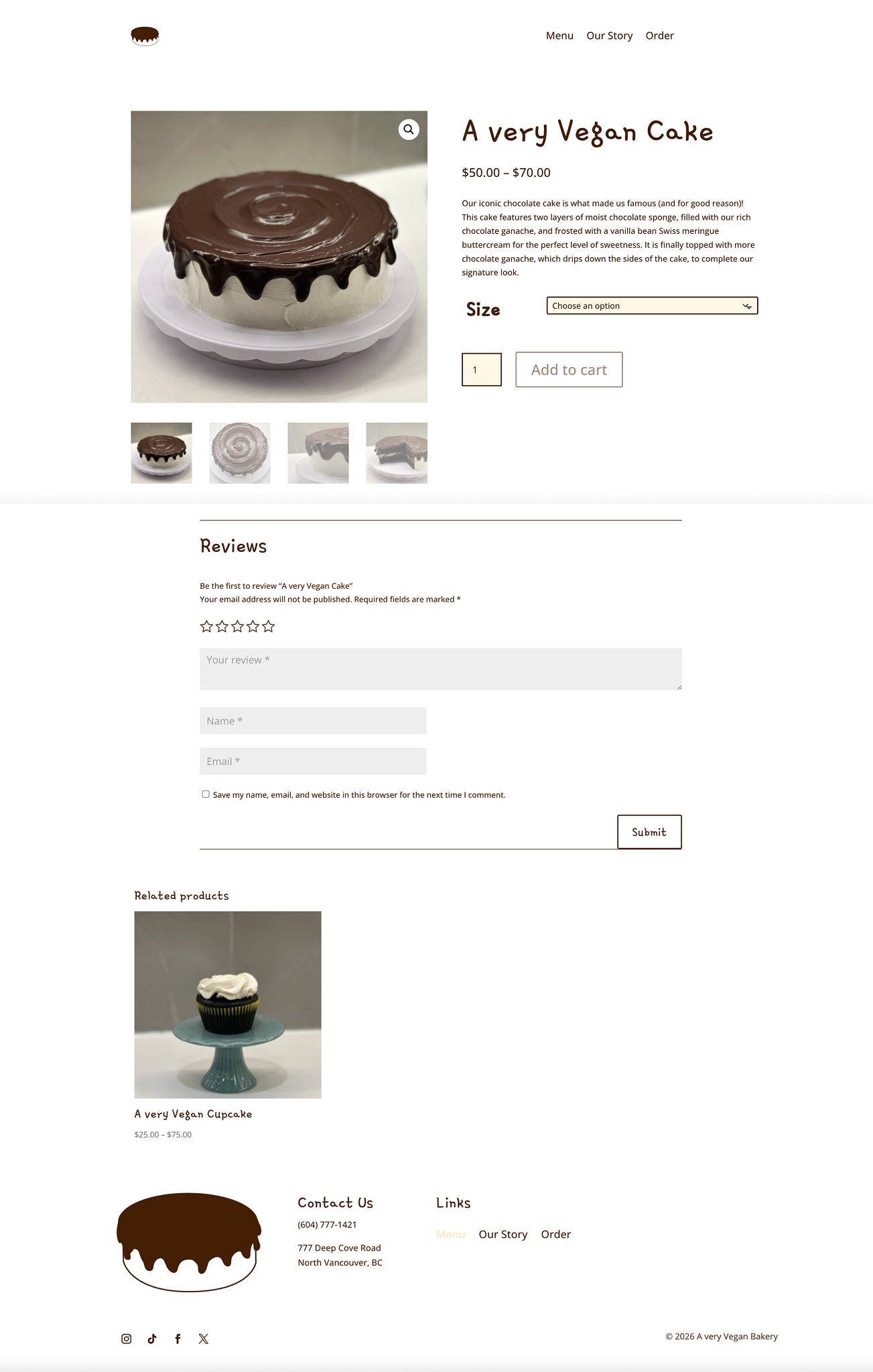 Product page for A Very Vegan Cake featuring a chocolate cake image, price range, product description, size selection, add to cart button, reviews section, and related products.