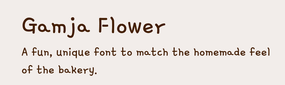 A Very Vegan Bakery typography guide showing the selected font and the rationale for its use.